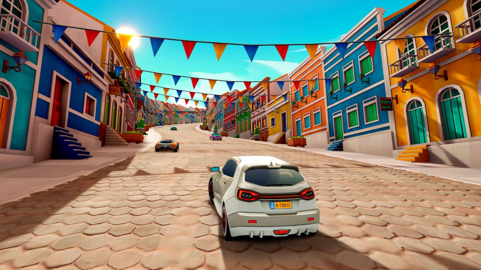 a car is driving down a cobblestone street in a video game .