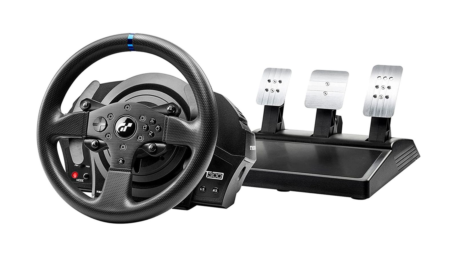 Thrustmaster T300RS product image of a black wheel with a blue line down the centre.