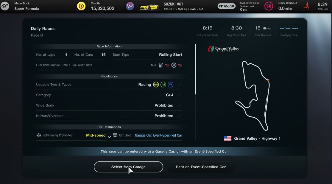 GT7 Daily Races 25 March Race B information sheet