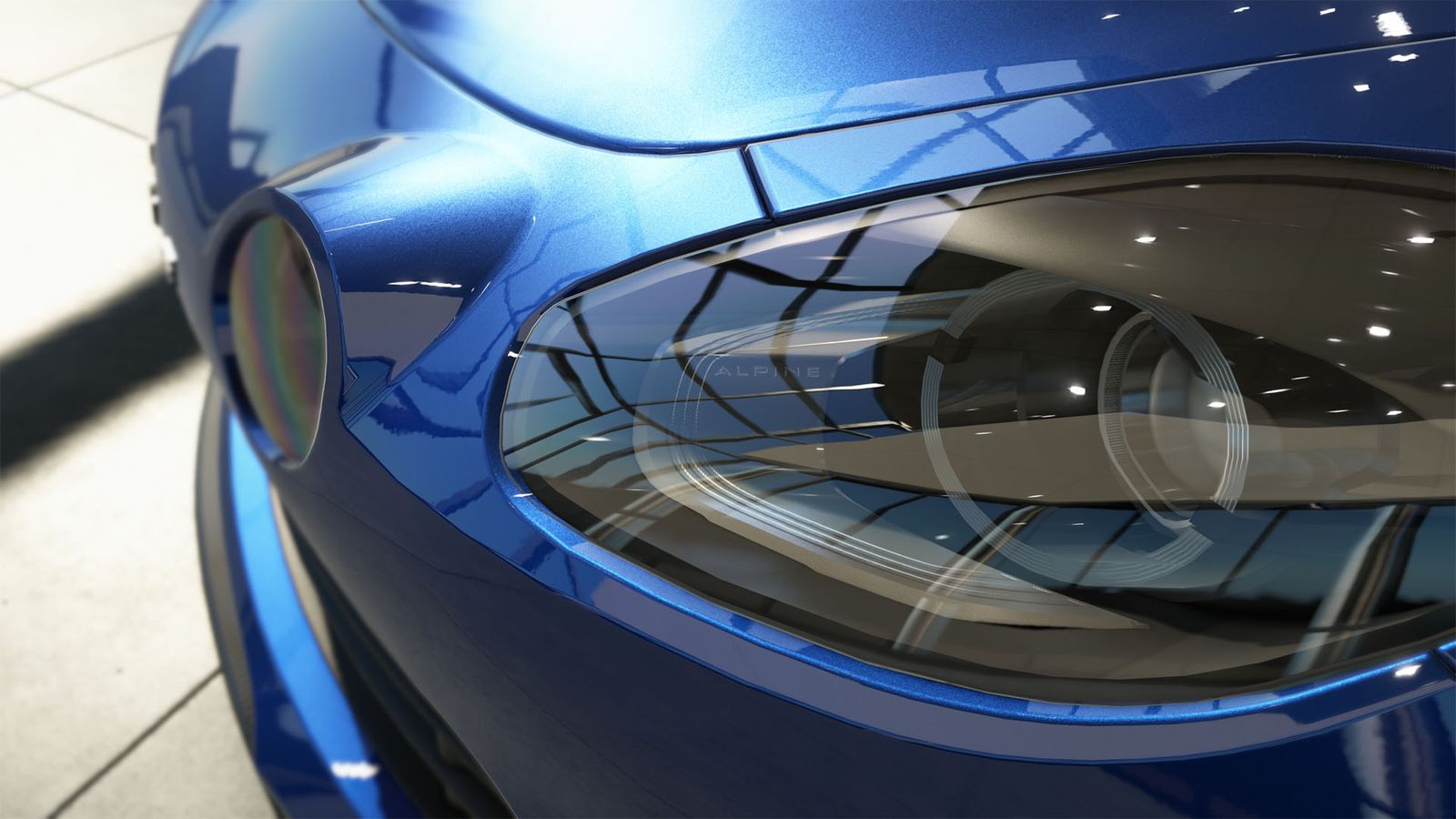 A close up of a blue car 's headlight in a showroom in Assetto Corsa Evo.