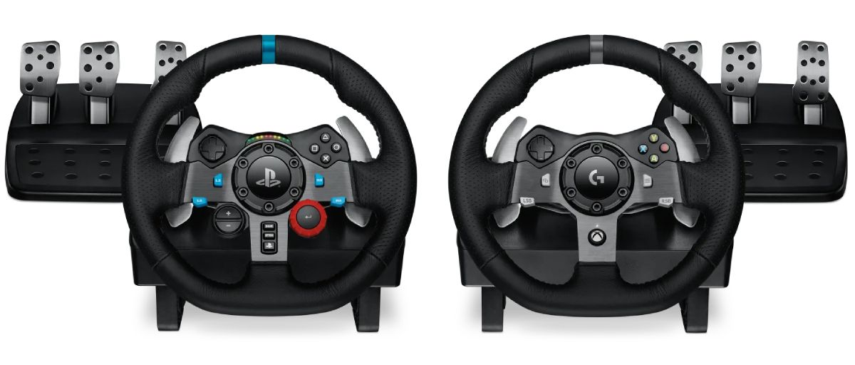 Logitech G29 wheel in black with blue and red trim next to a black and gray G920 wheel and pedal set.