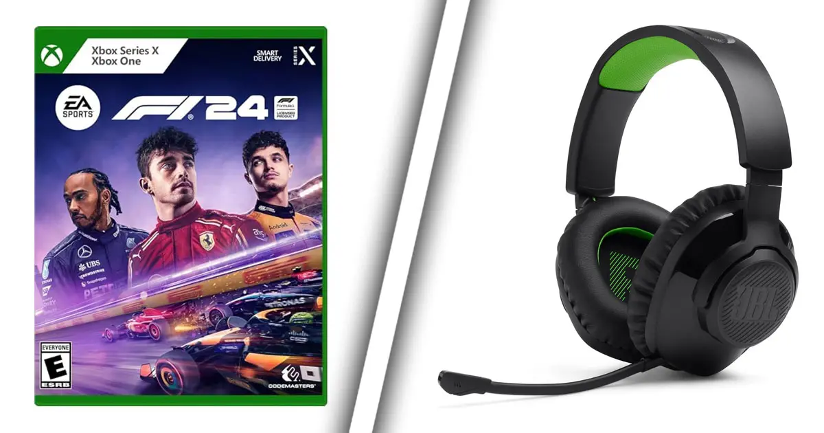 F1 24 game for Xbox featuring Leclerc, Hamilton, and Norris on the cover on one side of a white line. On the other, a black and green over-ear headset.