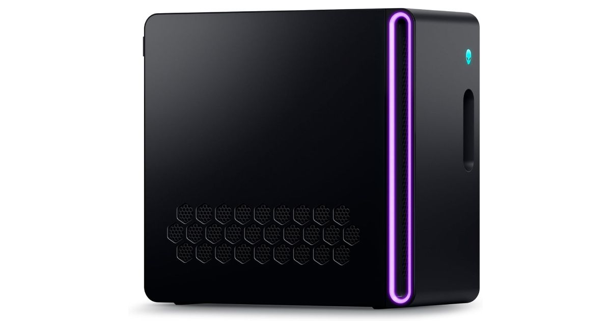 Alienware Aurora R16 product image of a black PC featuring pink lighting down the front right corner.