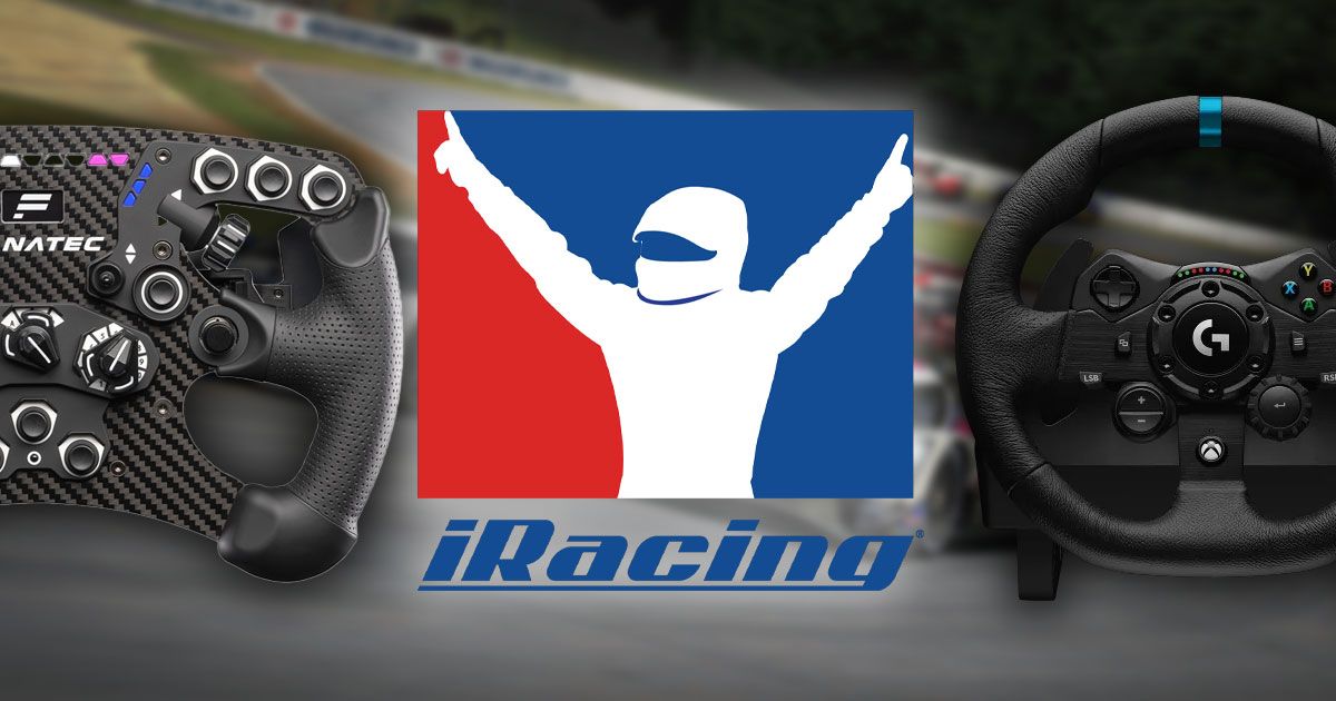 The iRacing logo in white, blue, and red next to two different black racing wheels, one from Fanatec, the other from Logitech.