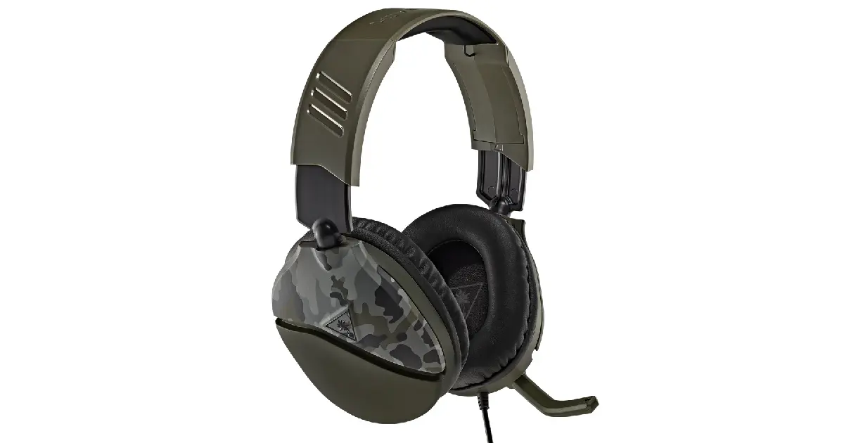 Turtle Beach Recon 70 product image of a black and dark green camo wired headset with a mic that extends around to the front.