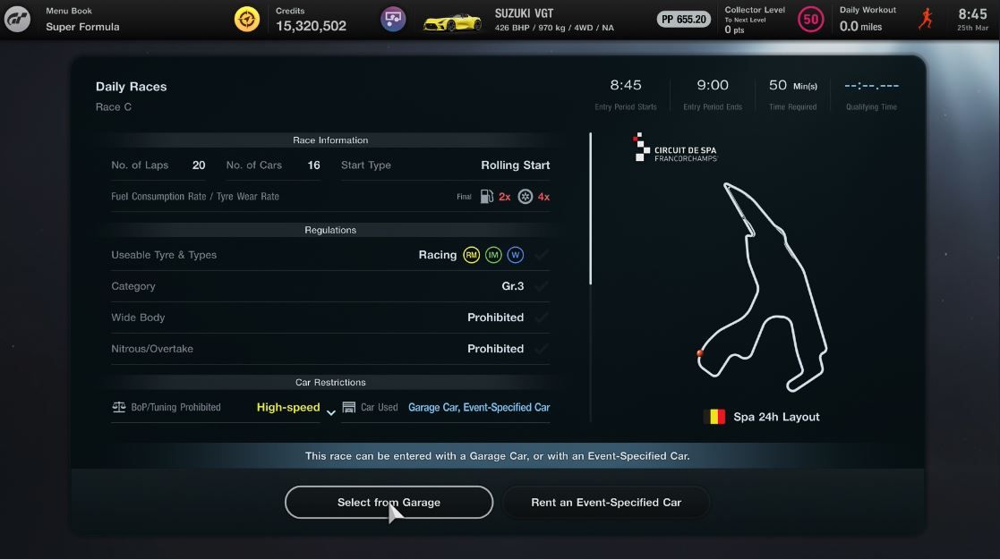 GT7 Daily Races 25 March Race C information sheet