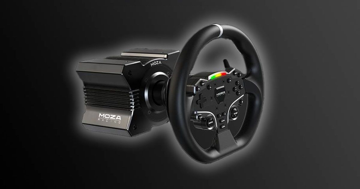 A black sim racing wheel featuring green, yellow, and red LEDs connected to a large wheel base.