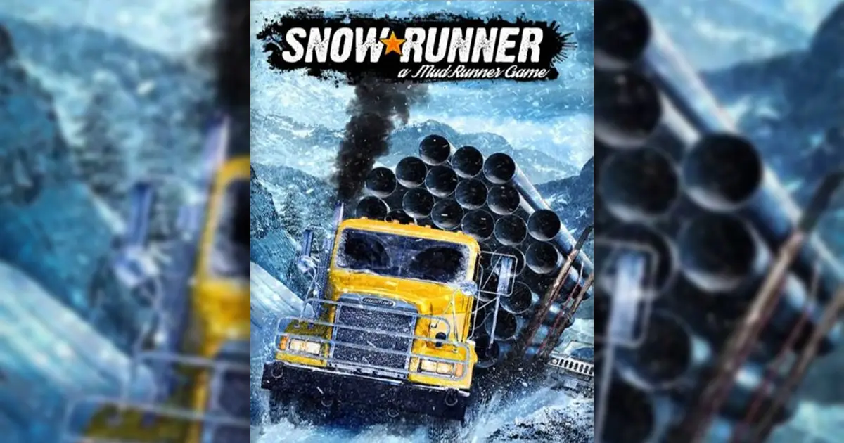 SnowRunner cover art featuring a yellow truck with huge metal pipes on the trailer.