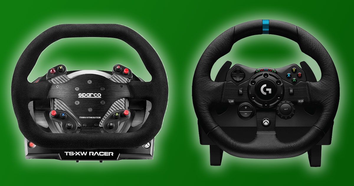 A black Sparco-branded Thrustmaster racing wheel next to a black Logitech racing wheel in front of a green background.