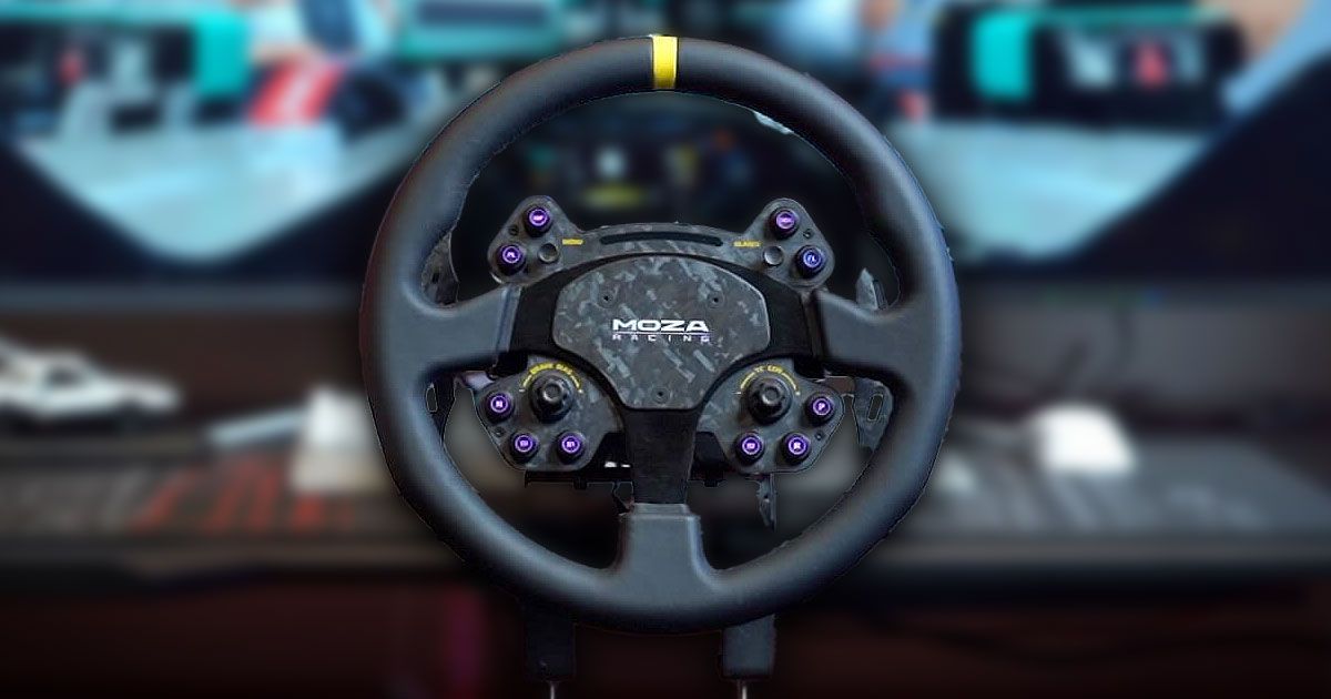 A black MOZA Racing wheel featuring a yellow centering line at the top of the rim.
