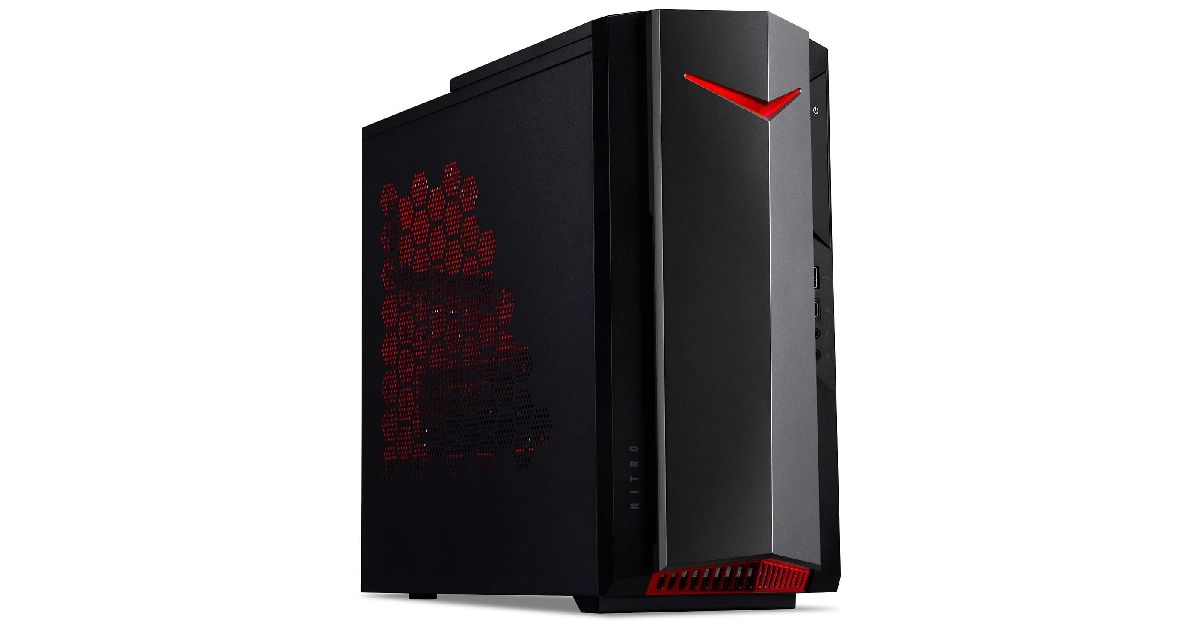 Acer Nitro N50-640 product image of a black PC with red trim, including a red V-shape on the front.