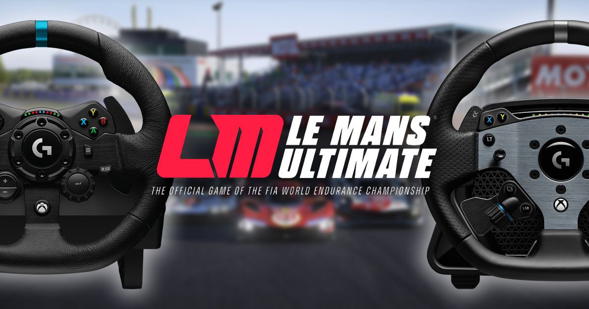 The Le Mans Ultimate logo in white and red with an image from the game behind it and a Logitech racing wheel in black either side.