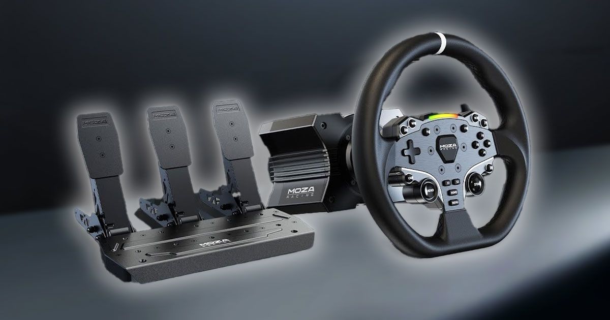 A back and dark gray metal racing wheel connected to a wheel base and next to a three pedal set, all of which has a white glow around it.