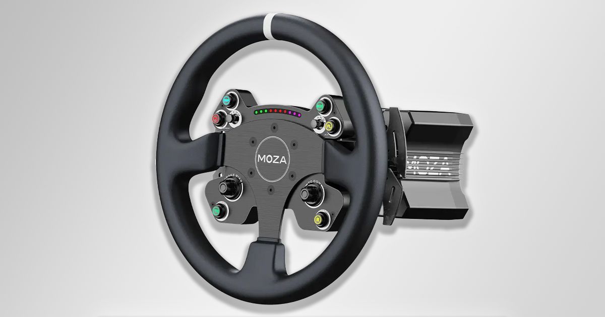 A black racing wheel featuring different colored buttons on the center plate connected to a black wheel base.