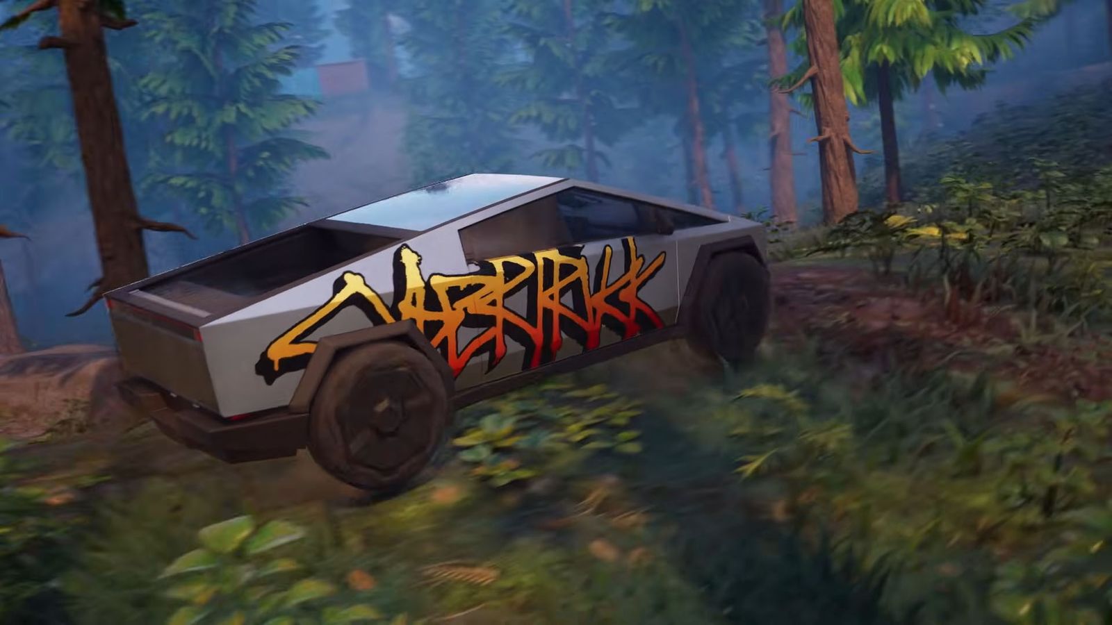 a cybertruck with graffiti on the side is driving through a forest .