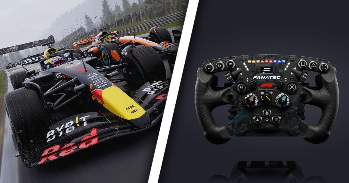 Red Bull's navy, red, and yellow F1 car from the F1 24 game on one side of a diagonal white line. On the other, a black Formula-style racing wheel with tons of buttons and yellow, red, and blue LEDs along the top.