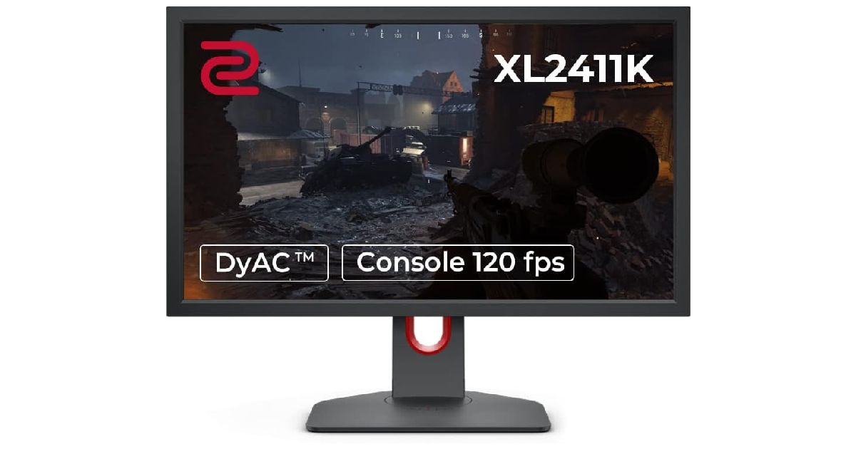 BenQ Zowie XL2411K product image of a black monitor with an image of a competitive tournament on the display along with BenQ branding.