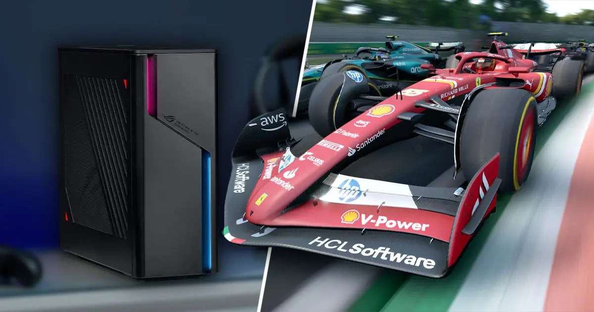 A black gaming PC featuring purple and blue lights on the front with a Ferrari F1 car overlapping from the right.