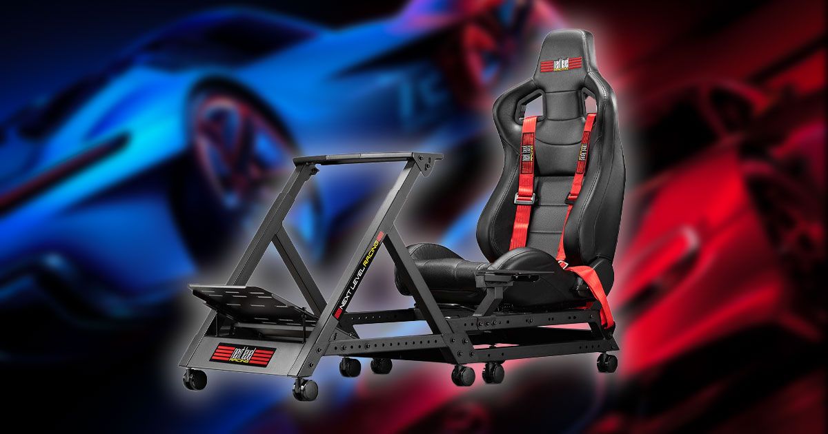 A black racing seat and wheel stand featuring red seat belts in front of the blue and red cover art of Grand Turismo 7.