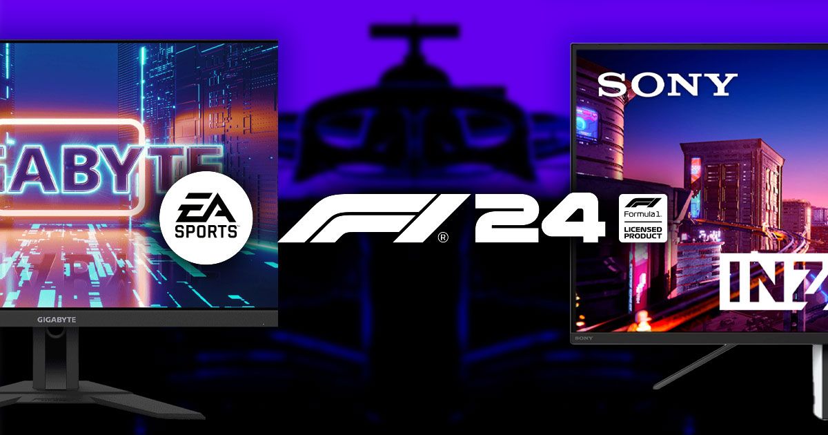 F1 24 cover art with the white logo F1 24 logo in front of it with two monitors, one GIGABYTE one and one Sony one, either side.