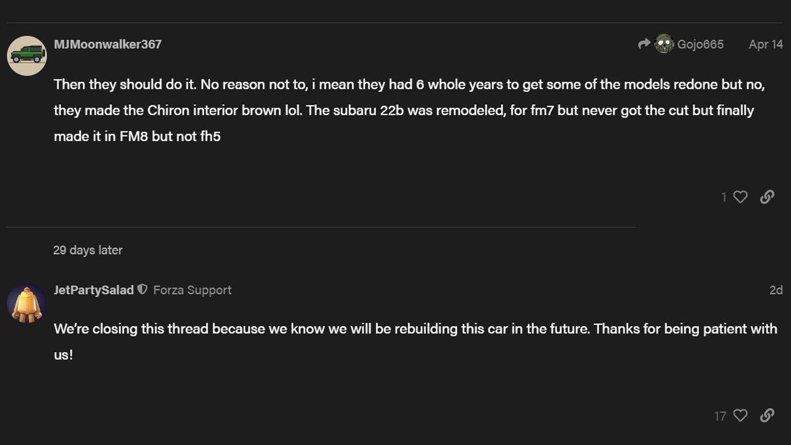 Reply in Forza forum confirming that Forza Motorsport's outdated cars will be remodeled 