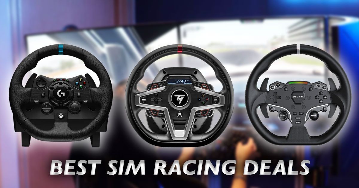 Three different types of steering wheels are sitting next to each other with a white glow around them and a blurry image of a racing setup in the background.