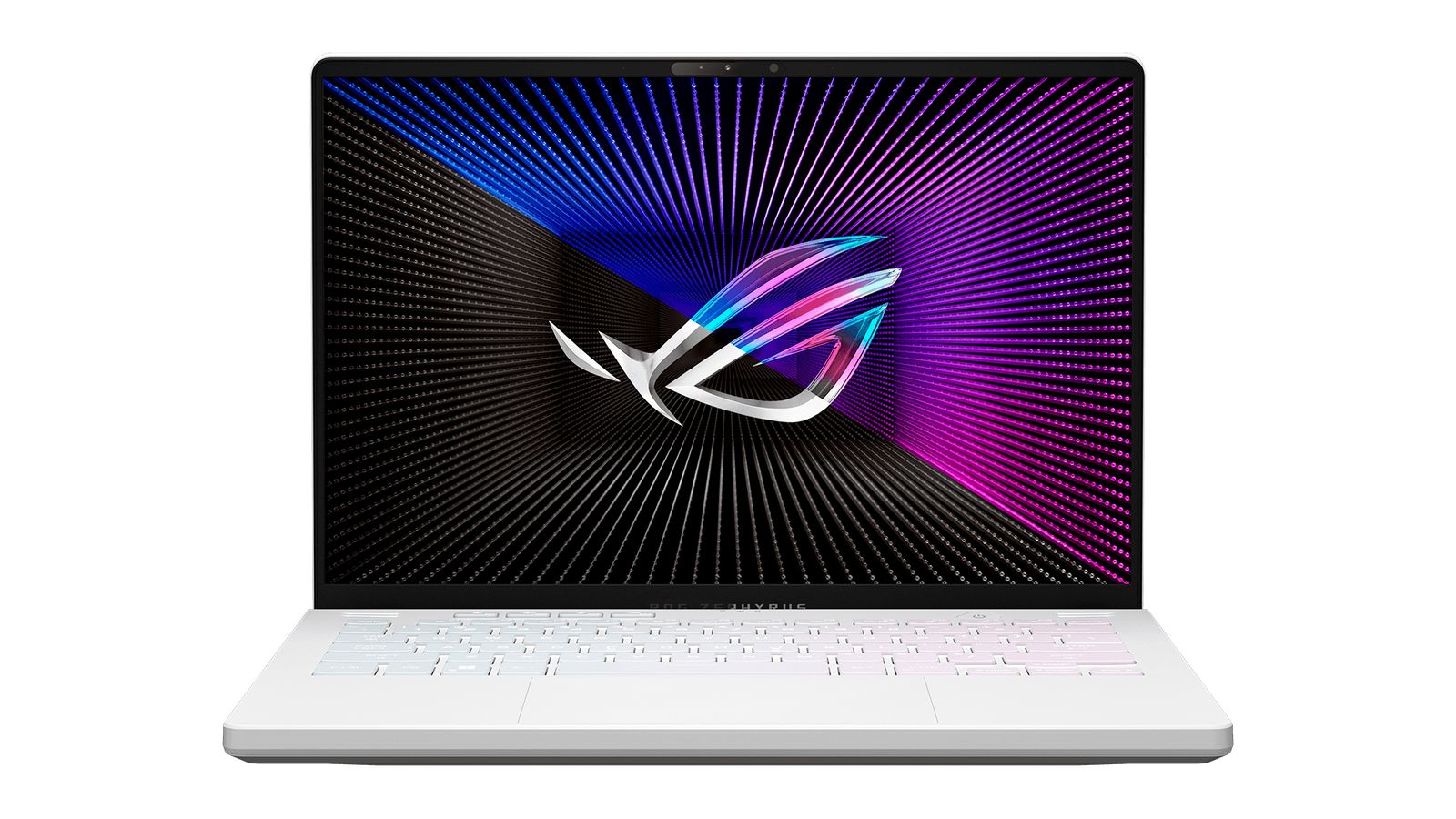 Best Forza gaming laptop - ASUS ROG Zephyrus G14 product image of a white and black laptop featuring black, purple, and blue ASUS ROG branding on the display.