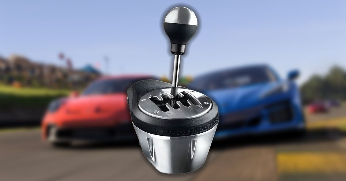 A silver a black H-pattern gear shifter with a blurry image of a red and blue car from Forza Motorsport racing side-by-side behind it.