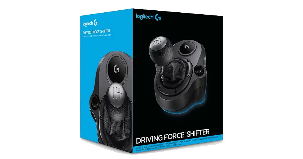 Logitech G Driving Force Shifter product image of a blue and black box featuring an image of the sim gear stick on the front.