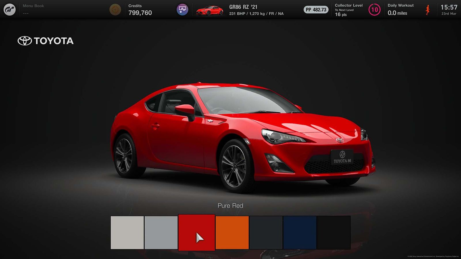 Gran Turismo 7 Toyota GR86 paint selector in Brand Central
