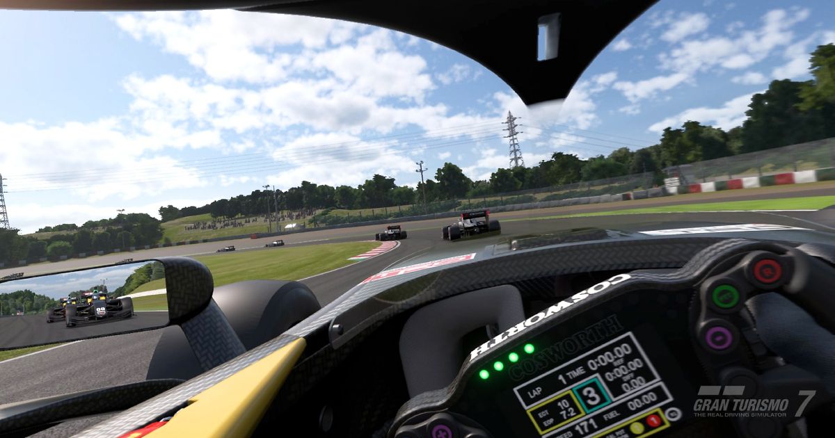 A first-person shot from a vehicle cockpit on a track in Gran Turismo 7.