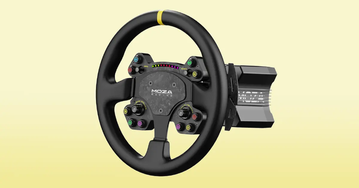 A black MOZA racing wheel with multicolored buttons on it attached to a wheel base in front of a gradient yellow background.