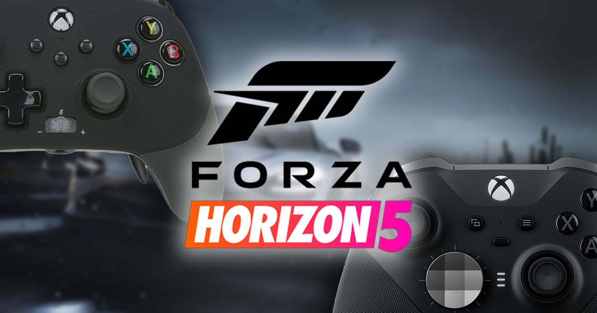 Forza Horizon 5 logo in front of an image from the game and next to two Xbox-compatible controllers.