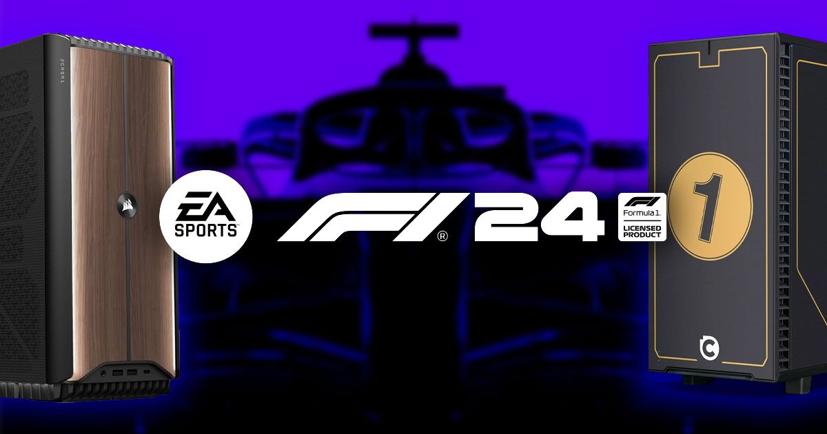F1 24 logo in white in front of the purple cover art and a PC on either side, one in black and brown, the other in black with gold decals.