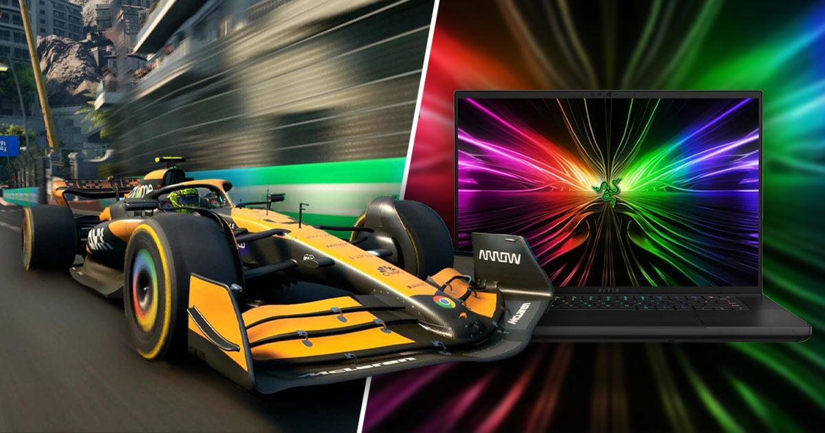 The orange and black McLaren F1 car crossing over a white line to a black Razer laptop with multicolored streaks on its display.