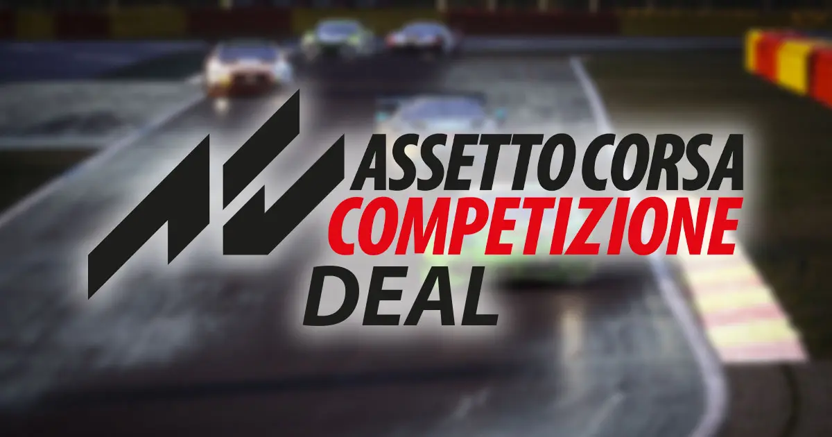 The Assetto Corsa Competizione logo in dark grey and red with a white glow around it in front of a blurry image from the game.
