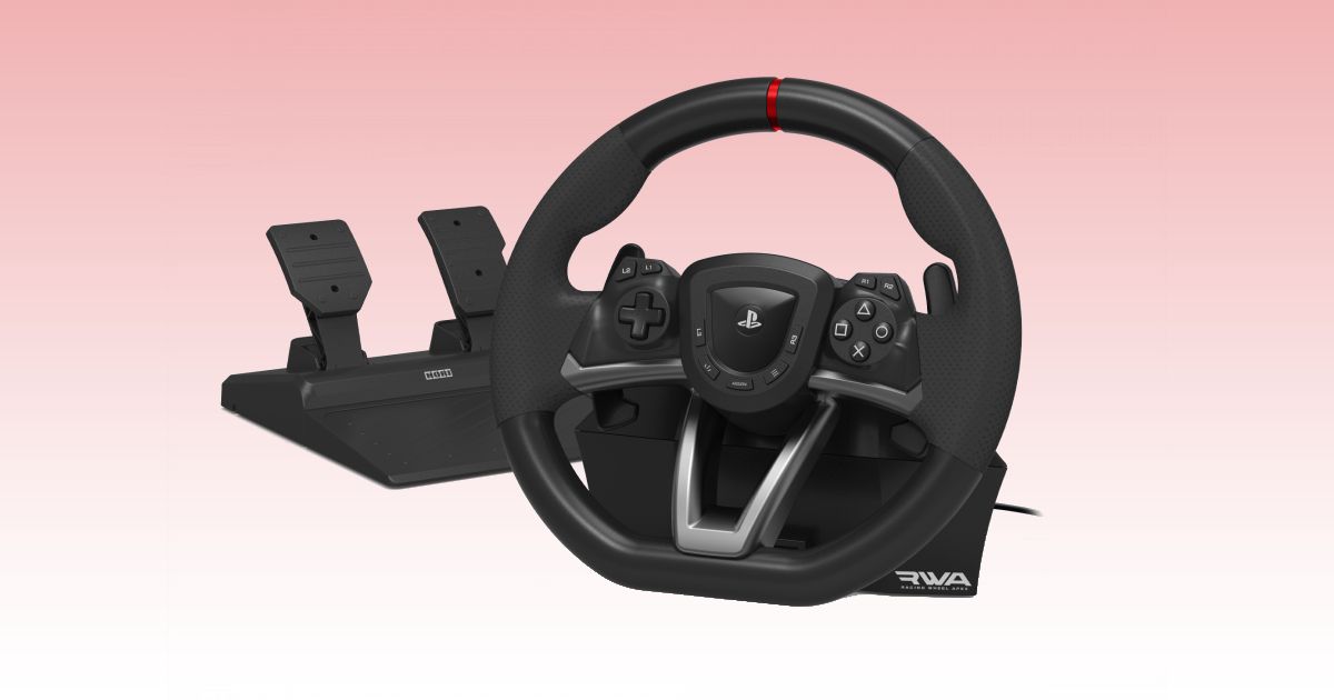 A black racing wheel featuring silver trim and a red central line at the top next to a set of black pedals.