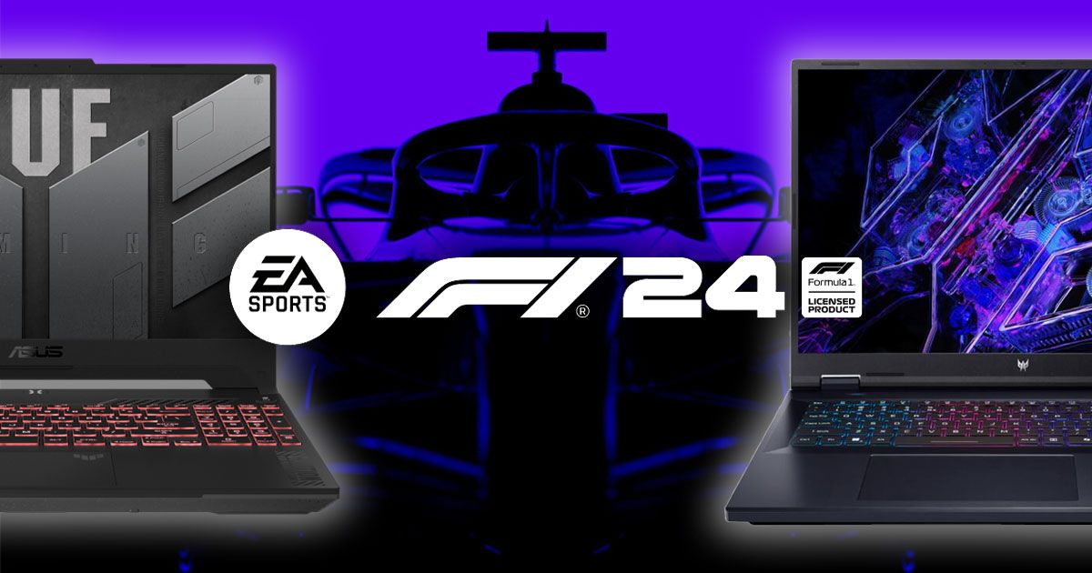 The F1 24 cover art with F1 24 branding in white in front of it and two laptops either side with white glows around them.