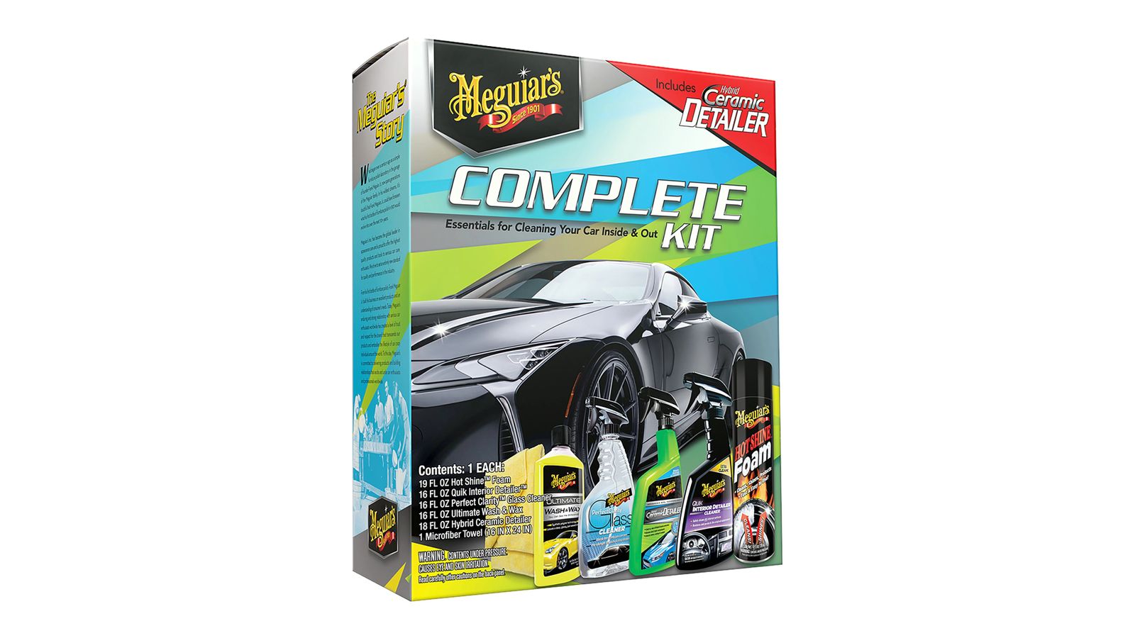 Meguiar's Complete Car Care Kit product image of a blue box featuring a blck car on the front along with cleaning products.