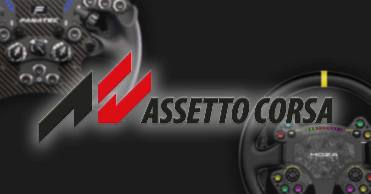 Assetto Corsa logo in dark gray and red with two different racing wheels behind it, one from Fanatec, the other from MOZA Racing.