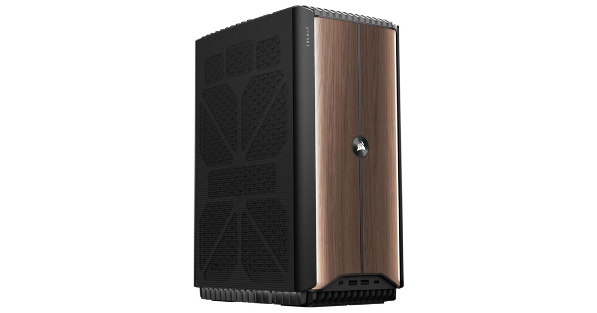 Corsair ONE i500 product image of a black tower PC with a brown front panel with a wood texture.