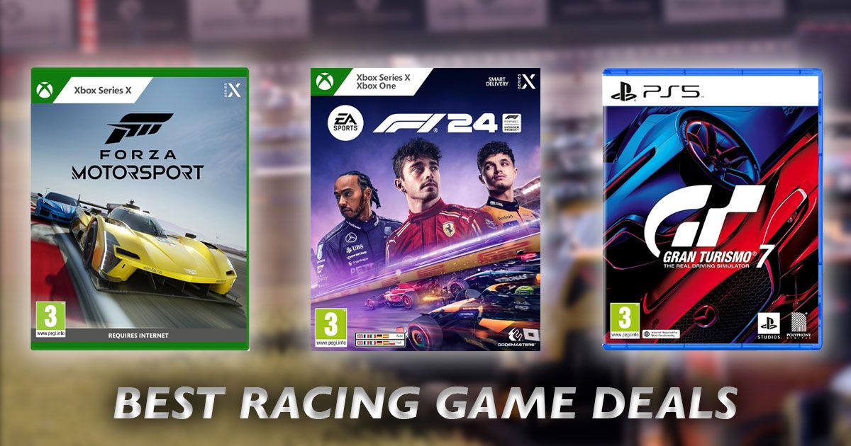 Three different racing game cover arts, including Forza, F1, and Gran Turismo, in front of a blurry racing game image.