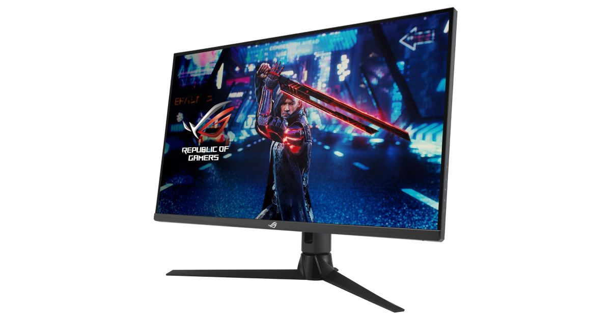 ASUS ROG Strix XG32AQ product image of a black near-frameless monitor with a video game character holding a red flaming sword on the display.