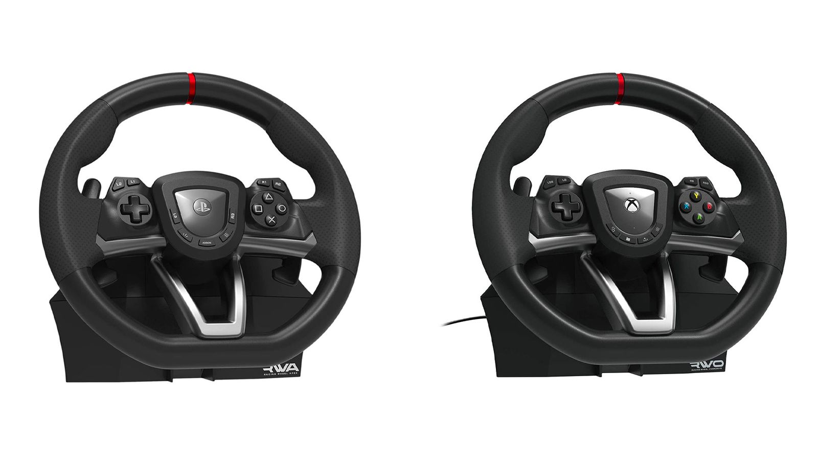 Hori Apex / Overdrive product image of two black wheels with Xbox and PlayStation logos in the centre.