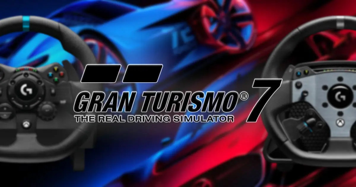 Gran Turismo 7 logo in front of the cover art and with two black racing wheels behind it and on either side.