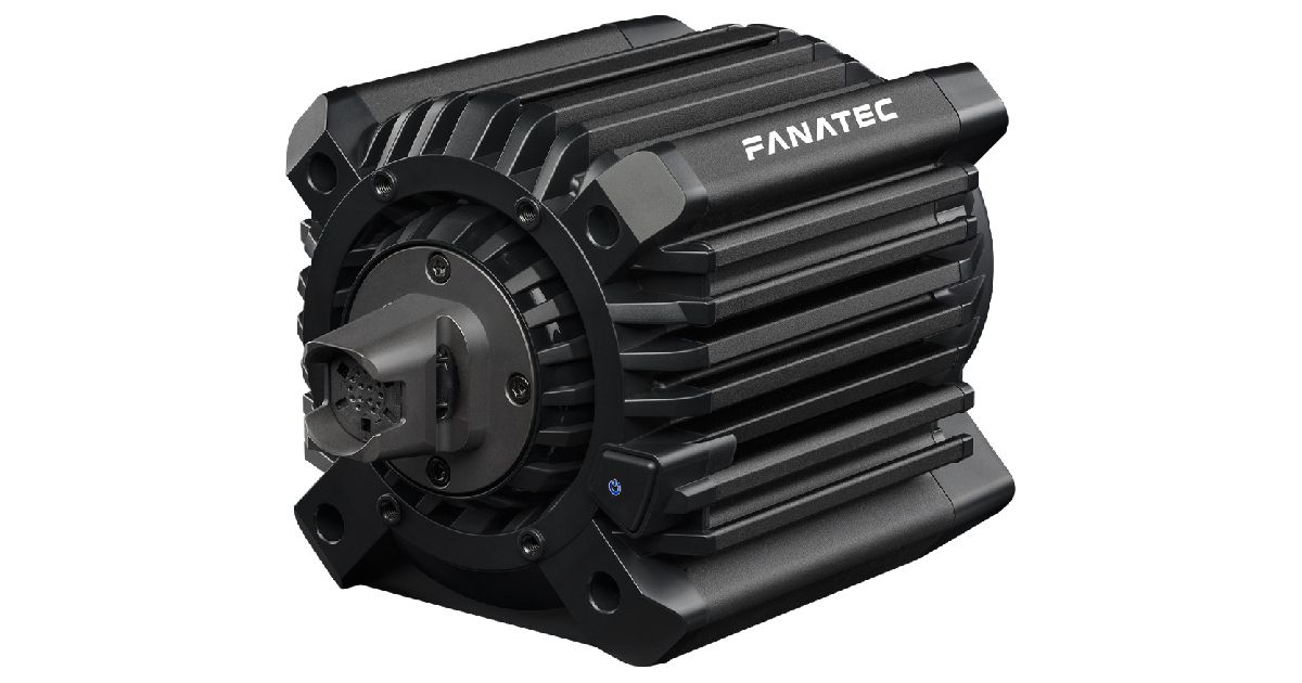 Fanatec Clubsport DD+ product image of a grooved all-black wheel base with Fanatec branding in white along the side.