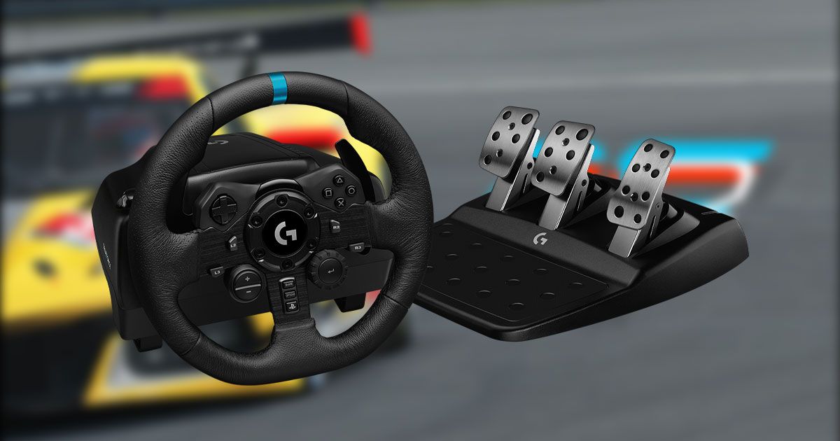 A black Logitech wheel and three-pedal set in front of rFactor 2's cover art featuring a yellow racing car.
