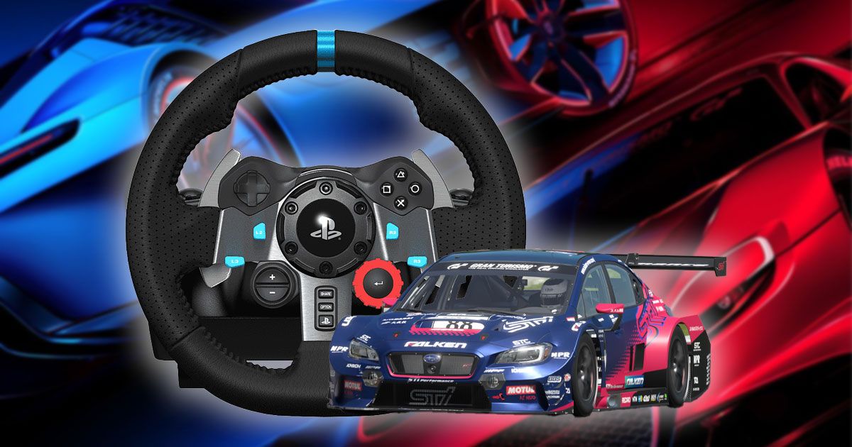 A black Logitech racing wheel with a blue and red Subaru in front of it to match the red and blue background.