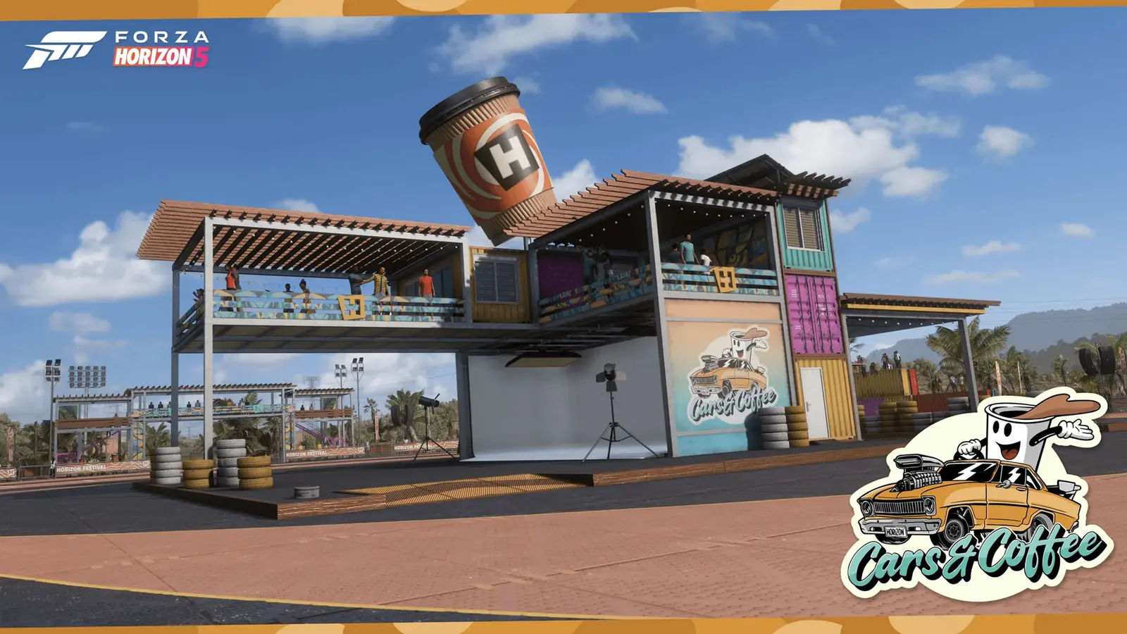 a forza horizon 5 screenshot of a coffee shop with a cup of coffee hanging from the roof .