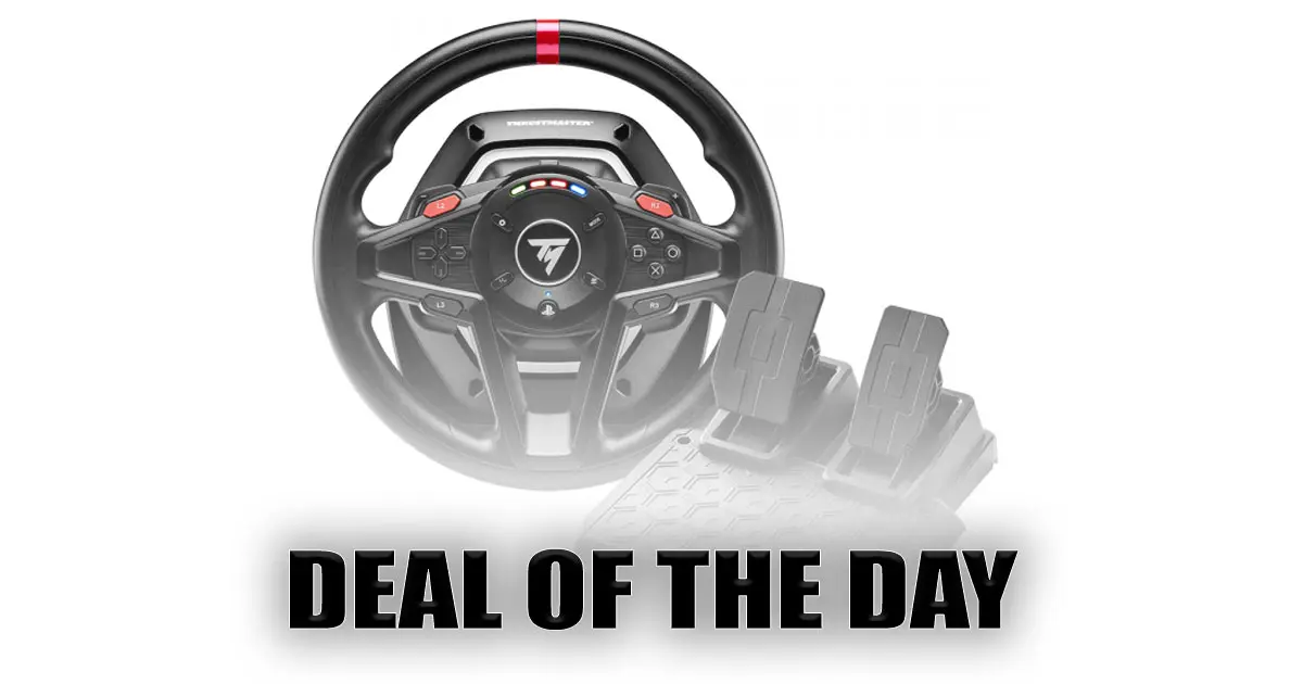 A black Thrustmaster racing wheel next to a two-pedal set above "DEAL OF THE DAY" branding in black.